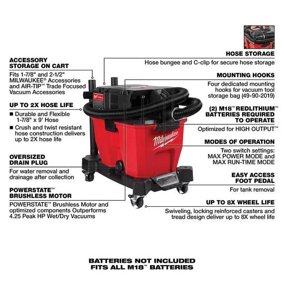 Milwaukee M18 FUEL 9 Gallon Dual-Battery Wet/Dry Vacuum 0920-20 - Image 3