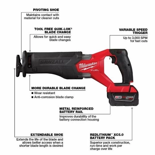 Milwaukee M18 FUEL SAWZALL Recip Saw - 1 Battery XC5.0 Kit 2821-21 - Image 3