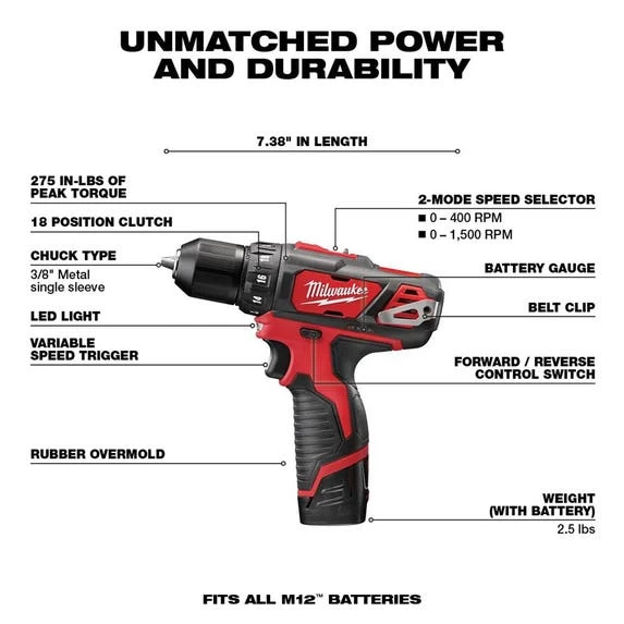 Milwaukee M12 Cordless 2-Tool Drill/Impact Combo Kit 2494-22 - Image 2