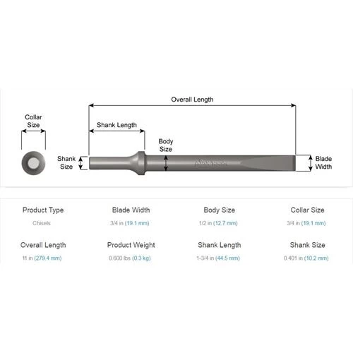 Ajax Flat Air Hammer Chisel 3/4x11" .401 Shank A910-11 - Image 3