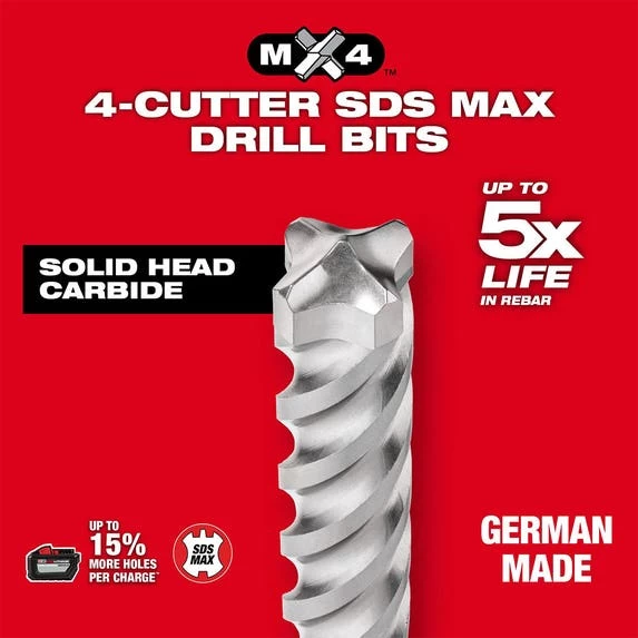 Milwaukee MX4 1" X 24" X 29" 4-Cutter SDS-MAX Rotary Hammer Drill Bit 48-20-3955 - Image 3