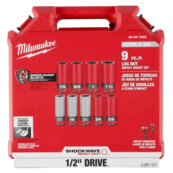 Milwaukee SHOCKWAVE Impact Duty™ 1/2 Drive SAE & Metric 9PC Lug Nut Wheel Socket Set 49-66-7832 - Image 2